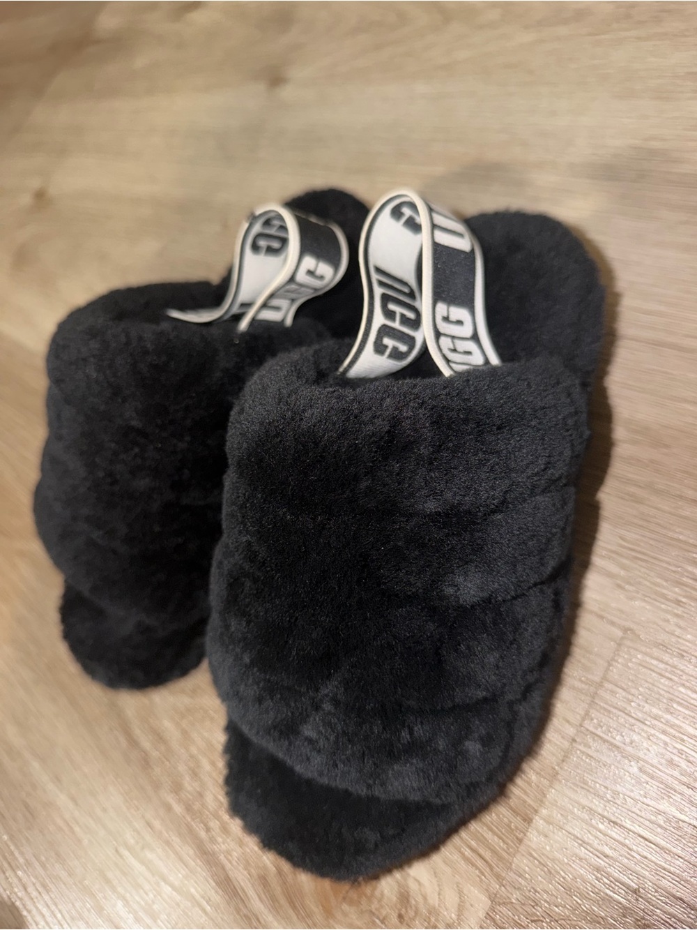 UGG Black Faux Fur Slide Slippers with Branded Elastic Heel Strap